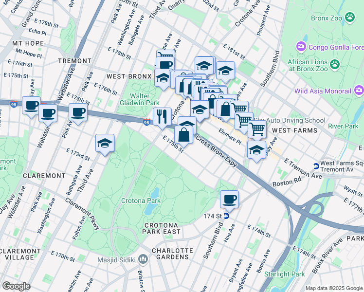 map of restaurants, bars, coffee shops, grocery stores, and more near 1815 Prospect Avenue in Bronx