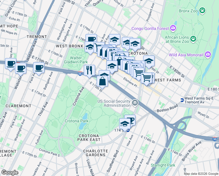 map of restaurants, bars, coffee shops, grocery stores, and more near 770 East 176th Street in The Bronx