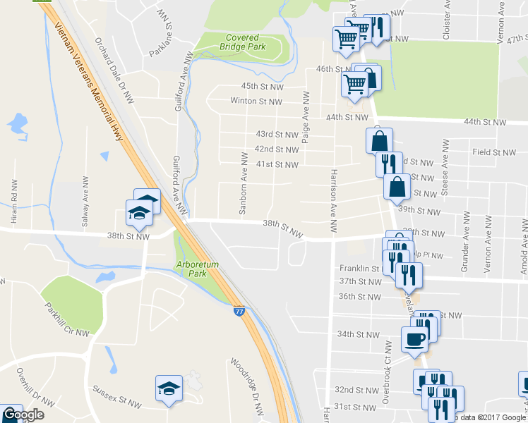 map of restaurants, bars, coffee shops, grocery stores, and more near 3807 Vinal Avenue Northwest in Canton