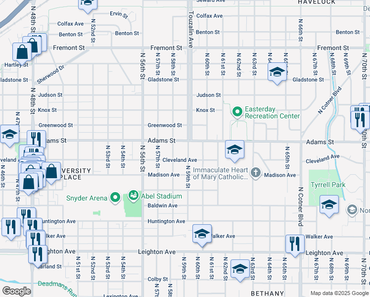 map of restaurants, bars, coffee shops, grocery stores, and more near 2939 North 59th Street in Lincoln