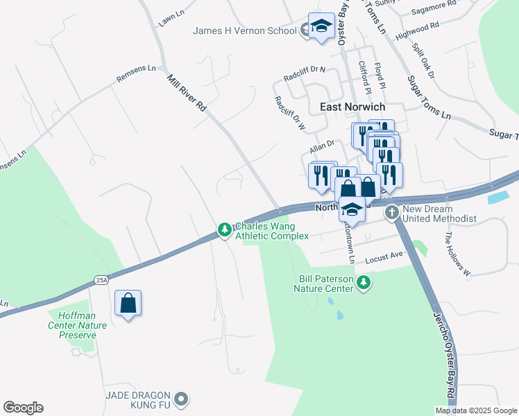map of restaurants, bars, coffee shops, grocery stores, and more near 2 Mill River Road in East Norwich