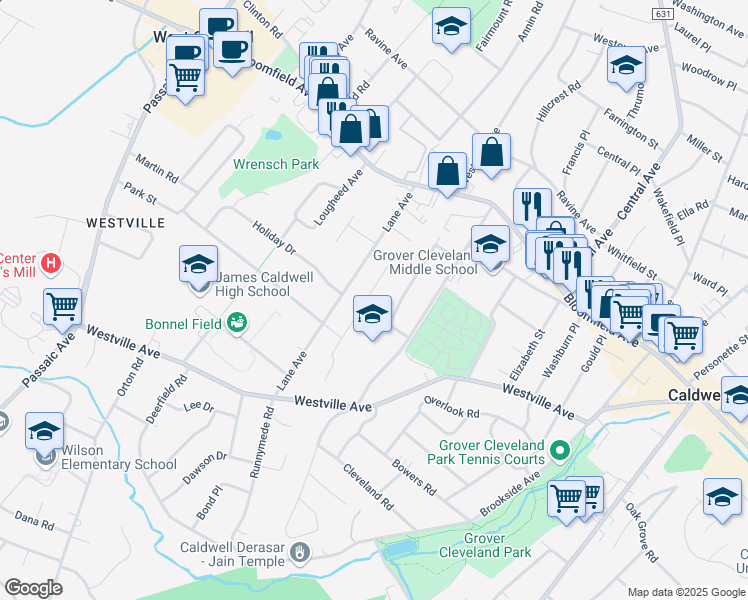 map of restaurants, bars, coffee shops, grocery stores, and more near 48 Park Terrace North in Caldwell