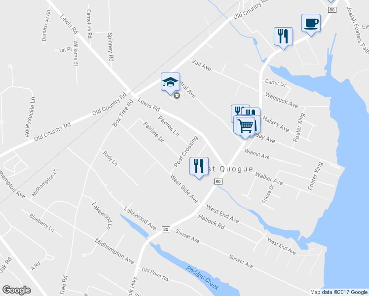 map of restaurants, bars, coffee shops, grocery stores, and more near 6 Post Crossing in East Quogue