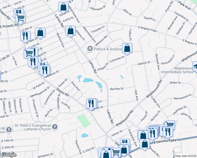 map of restaurants, bars, coffee shops, grocery stores, and more near 377 Lenox Road in Huntington Station