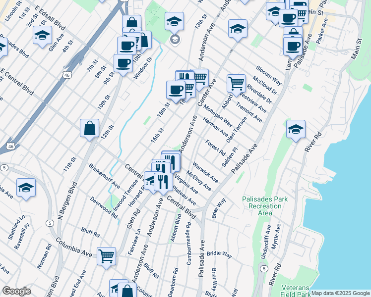 map of restaurants, bars, coffee shops, grocery stores, and more near 1296 Anderson Avenue in Fort Lee