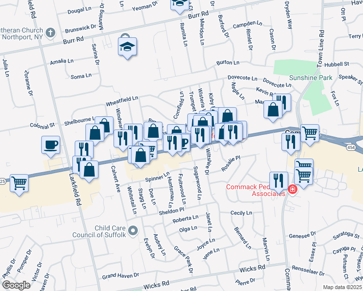 map of restaurants, bars, coffee shops, grocery stores, and more near 6133 New York 25 in Commack