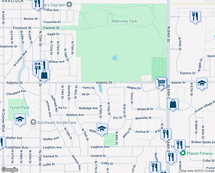 map of restaurants, bars, coffee shops, grocery stores, and more near 7900 Regent Drive in Lincoln