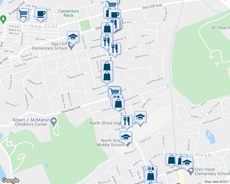 map of restaurants, bars, coffee shops, grocery stores, and more near 24 Terry Court in Glen Head