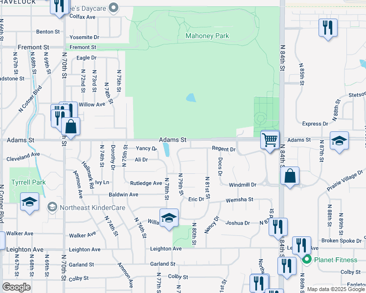 map of restaurants, bars, coffee shops, grocery stores, and more near 7900 Regent Drive in Lincoln