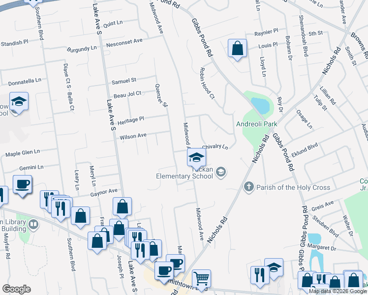map of restaurants, bars, coffee shops, grocery stores, and more near 3 Chapman Road in Nesconset