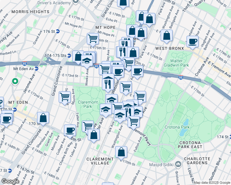 map of restaurants, bars, coffee shops, grocery stores, and more near 1628 Webster Avenue in The Bronx