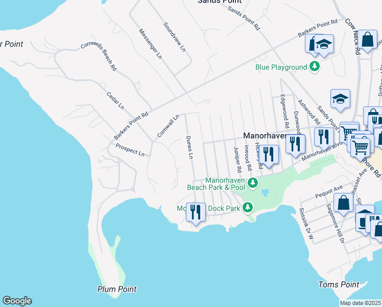 map of restaurants, bars, coffee shops, grocery stores, and more near Dunes Lane in Port Washington