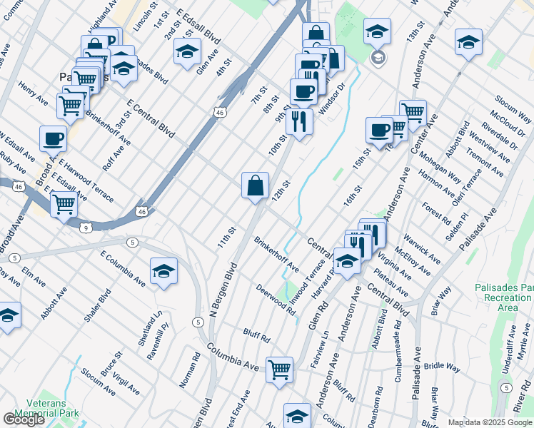 map of restaurants, bars, coffee shops, grocery stores, and more near 416 East Central Boulevard in Palisades Park