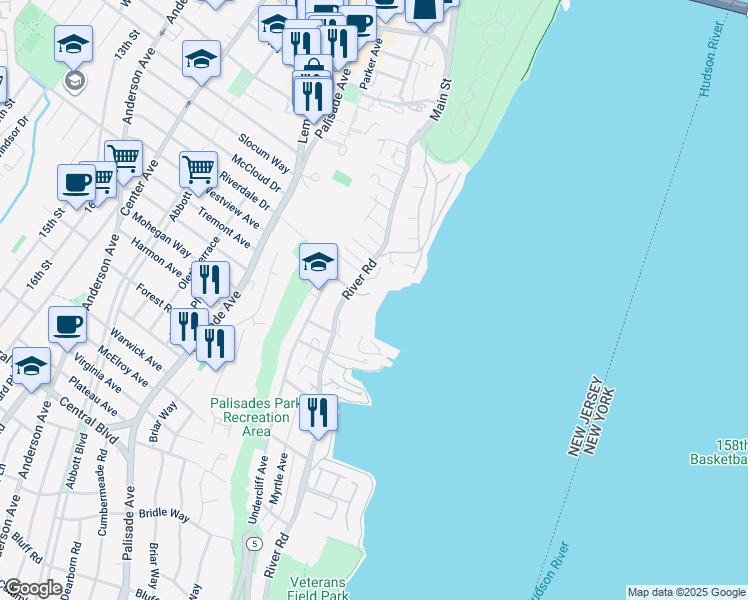 map of restaurants, bars, coffee shops, grocery stores, and more near 11 Palisade Plaza in Edgewater