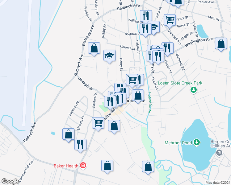 map of restaurants, bars, coffee shops, grocery stores, and more near 43 Frederick Street in Moonachie