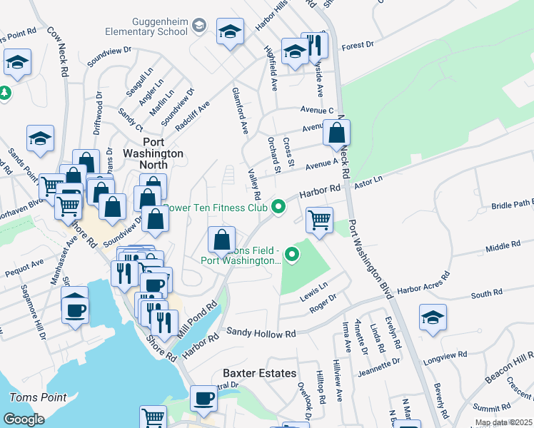map of restaurants, bars, coffee shops, grocery stores, and more near 97 Harbor Road in Port Washington