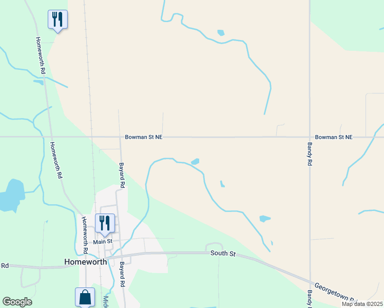 map of restaurants, bars, coffee shops, grocery stores, and more near 23451 Bowman Road in Homeworth