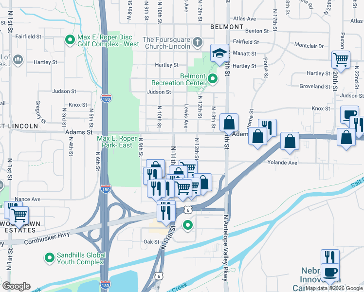 map of restaurants, bars, coffee shops, grocery stores, and more near 1126 Butler Avenue in Lincoln