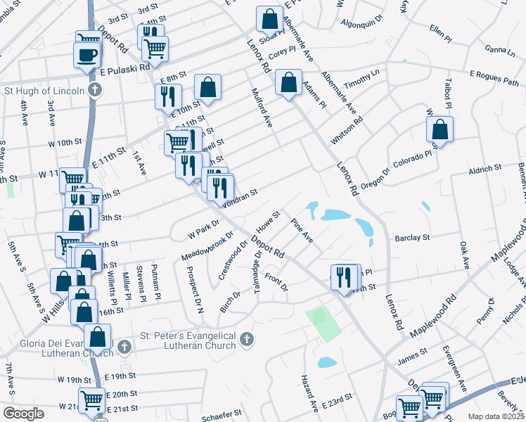 map of restaurants, bars, coffee shops, grocery stores, and more near 72 East Park Drive in Huntington Station