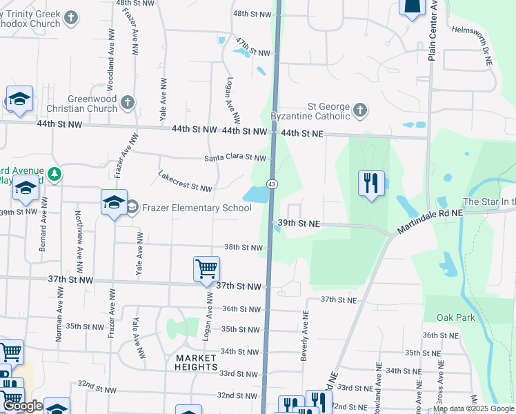 map of restaurants, bars, coffee shops, grocery stores, and more near 3939 Market Avenue North in Canton