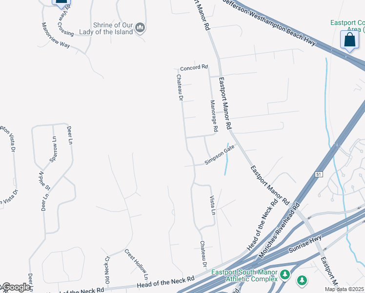map of restaurants, bars, coffee shops, grocery stores, and more near 32 Chateau Drive in Manorville