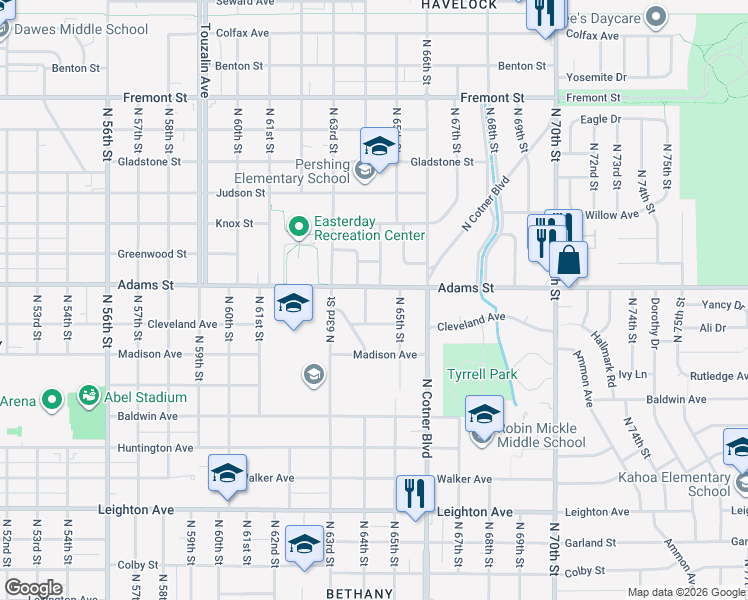 map of restaurants, bars, coffee shops, grocery stores, and more near 2934 North 64th Street in Lincoln
