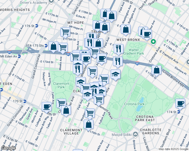 map of restaurants, bars, coffee shops, grocery stores, and more near 447 E 173rd St in Bronx