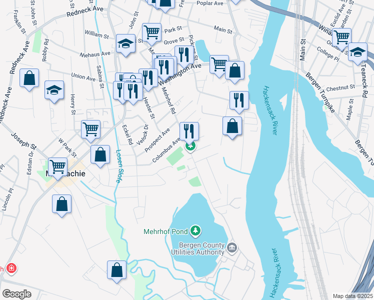 map of restaurants, bars, coffee shops, grocery stores, and more near 135 Mehrhof Road in Little Ferry