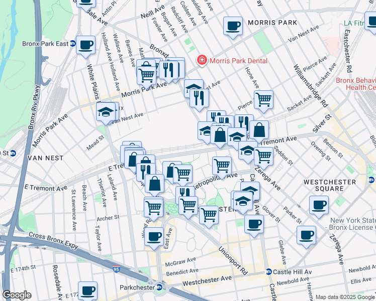 map of restaurants, bars, coffee shops, grocery stores, and more near 2015 East Tremont Avenue in The Bronx