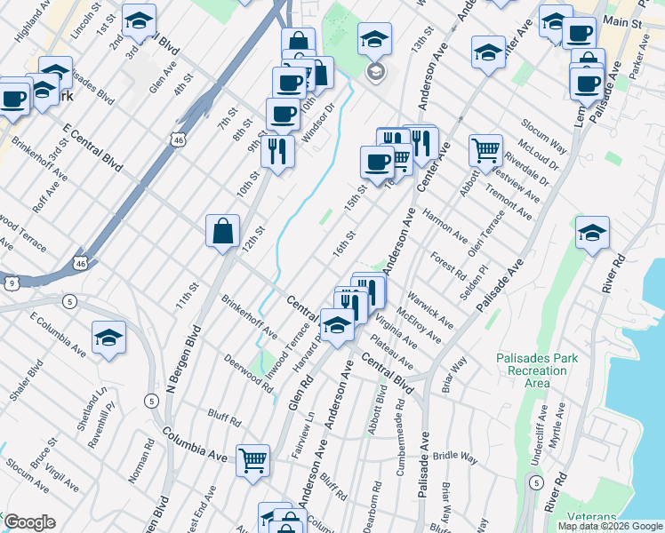 map of restaurants, bars, coffee shops, grocery stores, and more near 461 Palisades Boulevard in Fort Lee