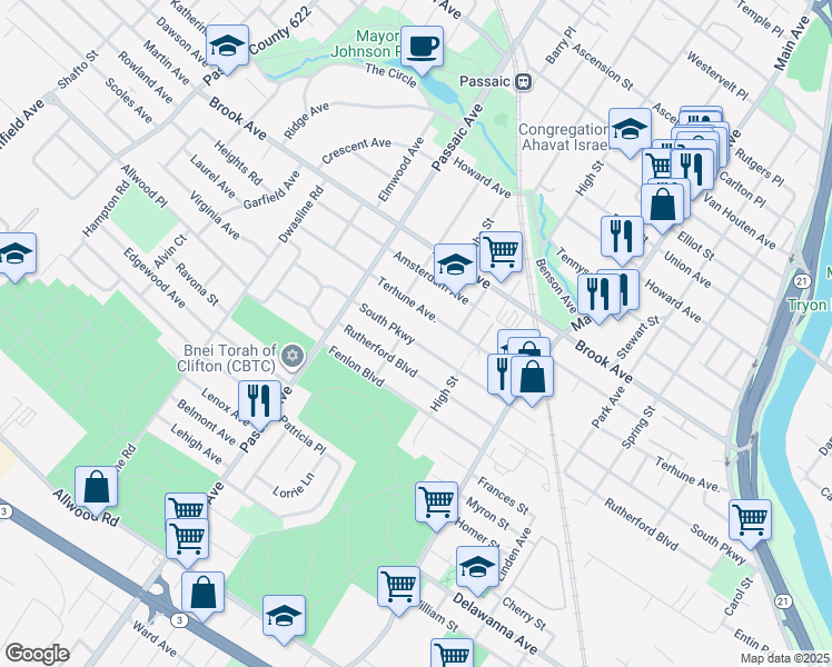 map of restaurants, bars, coffee shops, grocery stores, and more near 366 South Parkway in Clifton