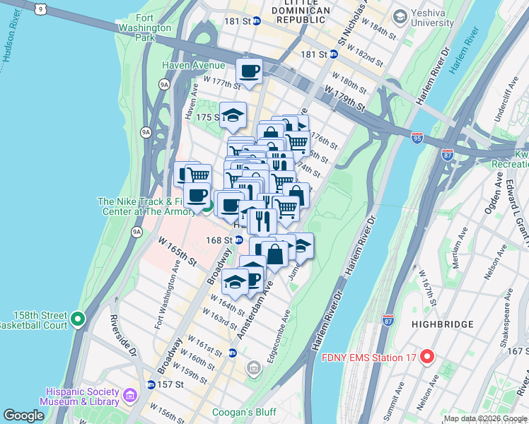 map of restaurants, bars, coffee shops, grocery stores, and more near 557 West 170th Street in New York
