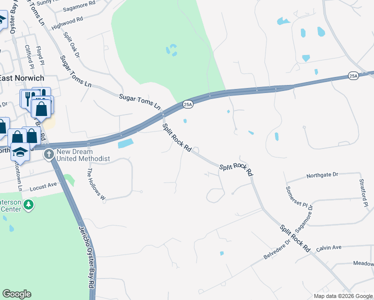 map of restaurants, bars, coffee shops, grocery stores, and more near 533 Split Rock Road in Syosset
