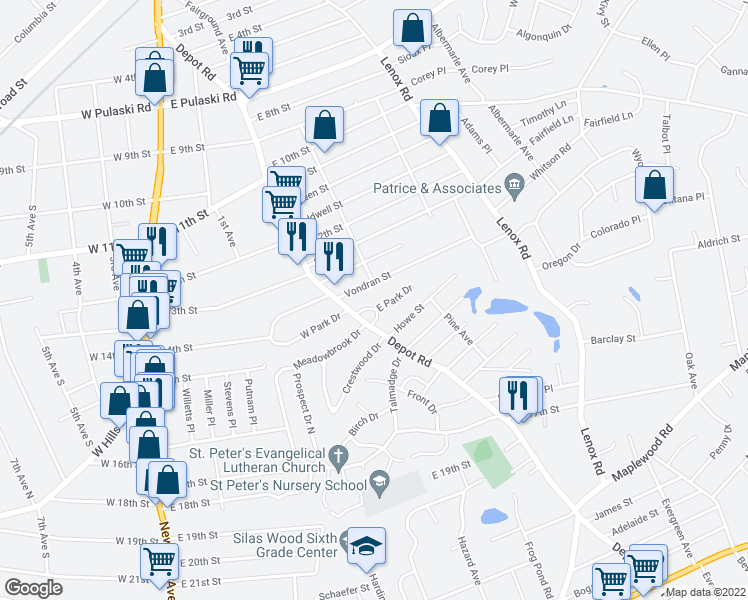 map of restaurants, bars, coffee shops, grocery stores, and more near 67 East Park Drive in Huntington Station