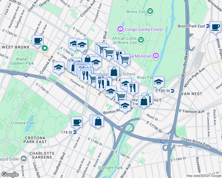 map of restaurants, bars, coffee shops, grocery stores, and more near 948 East 178th Street in Bronx