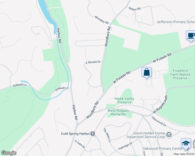 map of restaurants, bars, coffee shops, grocery stores, and more near 497 Woodbury Road in Cold Spring Harbor