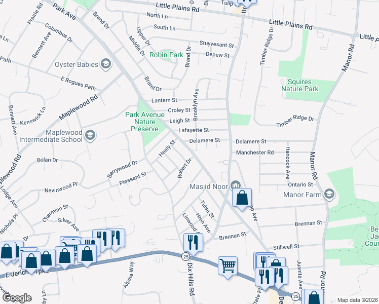 map of restaurants, bars, coffee shops, grocery stores, and more near 6 Timon Court in Huntington