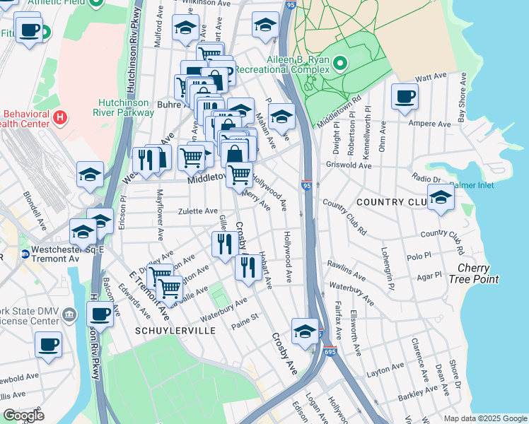 map of restaurants, bars, coffee shops, grocery stores, and more near 1425 Merry Avenue in Bronx