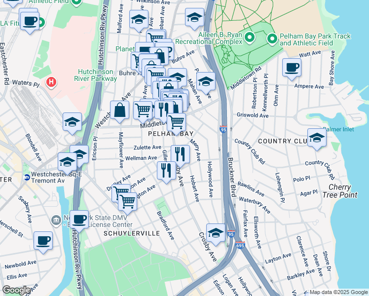 map of restaurants, bars, coffee shops, grocery stores, and more near 1425 Merry Avenue in Bronx