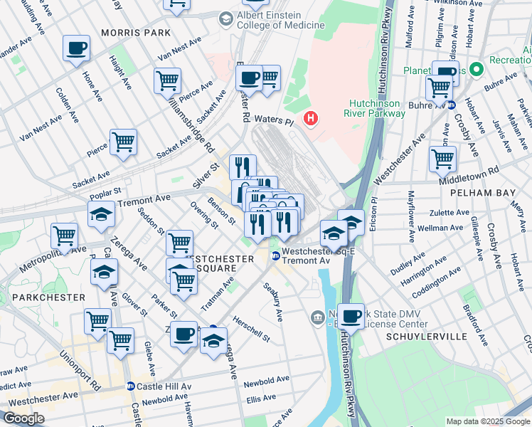map of restaurants, bars, coffee shops, grocery stores, and more near 50 Williamsbridge Road in Bronx