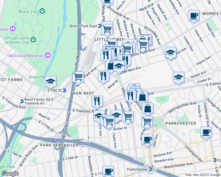 map of restaurants, bars, coffee shops, grocery stores, and more near 1653 Garfield Street in Bronx