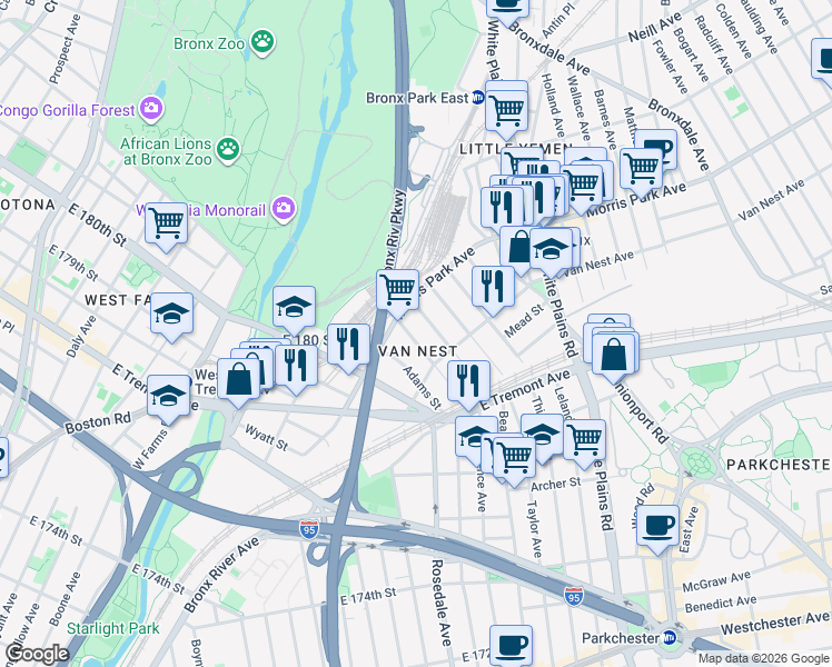 map of restaurants, bars, coffee shops, grocery stores, and more near in The Bronx