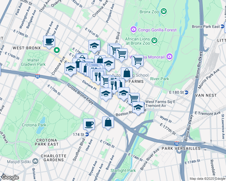 map of restaurants, bars, coffee shops, grocery stores, and more near 919 East Tremont Avenue in Bronx