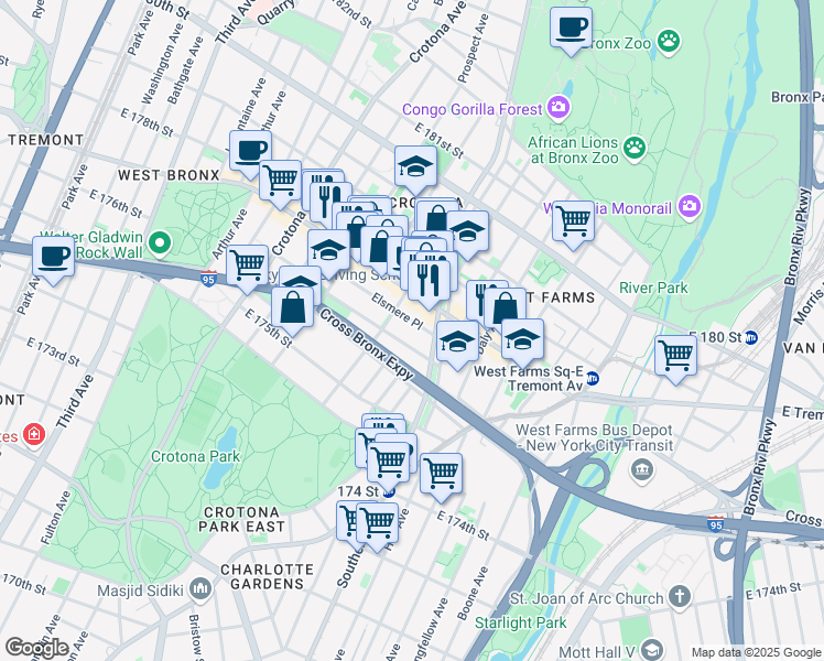 map of restaurants, bars, coffee shops, grocery stores, and more near 867 Fairmount Place in The Bronx
