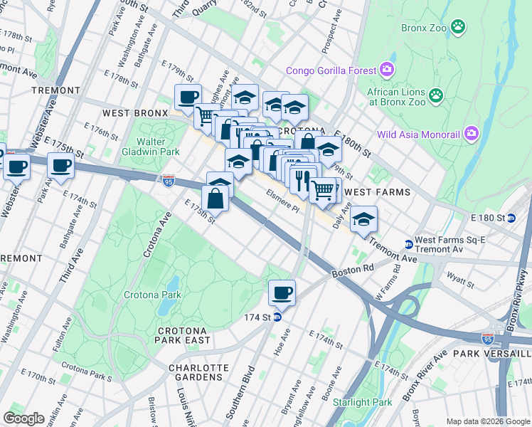 map of restaurants, bars, coffee shops, grocery stores, and more near 806 Fairmount Place in The Bronx