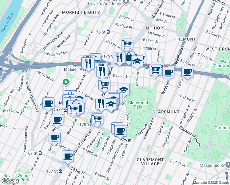 map of restaurants, bars, coffee shops, grocery stores, and more near 1549 Selwyn Avenue in Bronx