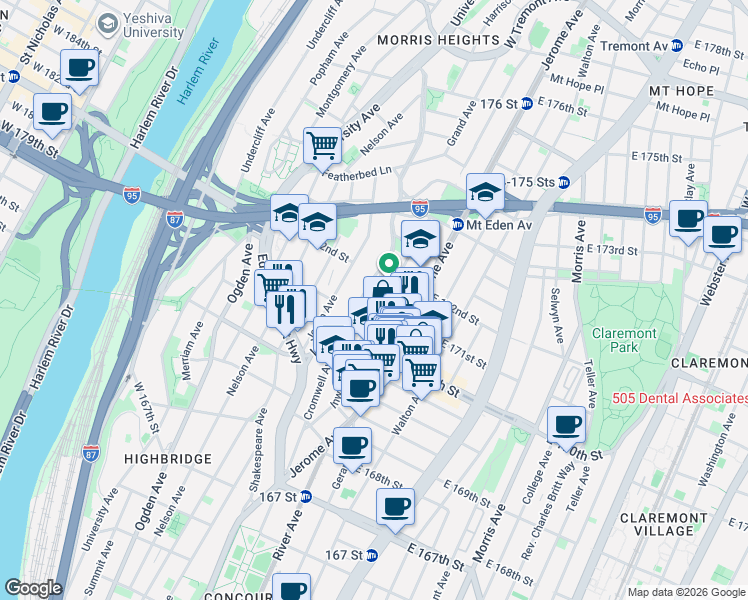 map of restaurants, bars, coffee shops, grocery stores, and more near 1448 Cromwell Avenue in Bronx