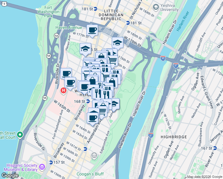 map of restaurants, bars, coffee shops, grocery stores, and more near 508 West 171st Street in New York