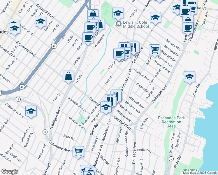 map of restaurants, bars, coffee shops, grocery stores, and more near 1275 Anderson Avenue in Fort Lee