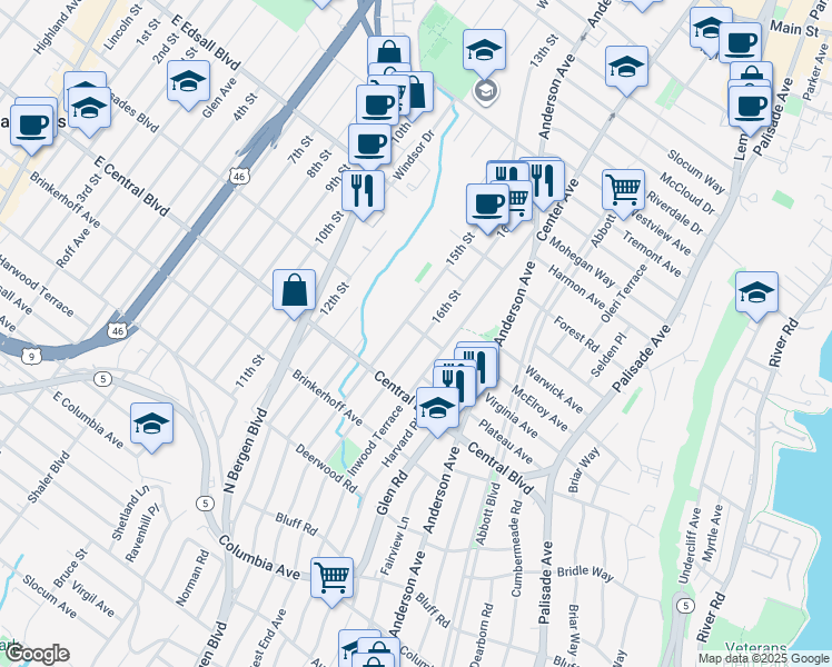 map of restaurants, bars, coffee shops, grocery stores, and more near 461 Palisades Boulevard in Fort Lee